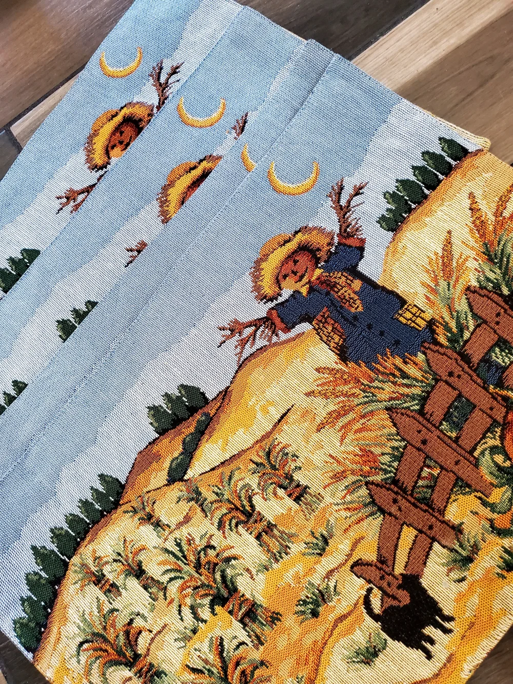 Autumn Harvest Scarecrow Decorative Placemat Set of 4 - Blue and Gold NEW